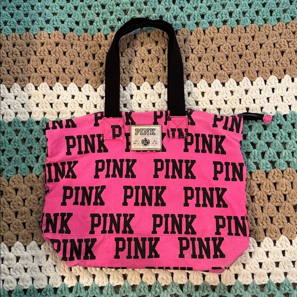 PINK Victoria's Secret Pink Black Tote Zipper Canvas Bag Purse Large - Picture 1 of 8